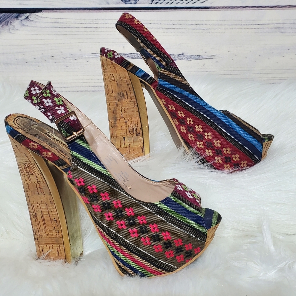 Platanitos Boutique Fabric Cork Heels, Size 36 (5)